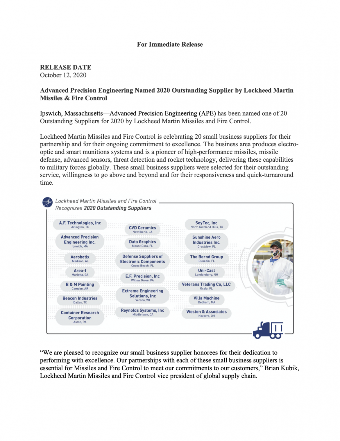 Lockheed Martin names Advanced Precision Engineering, Inc. Outstanding ...